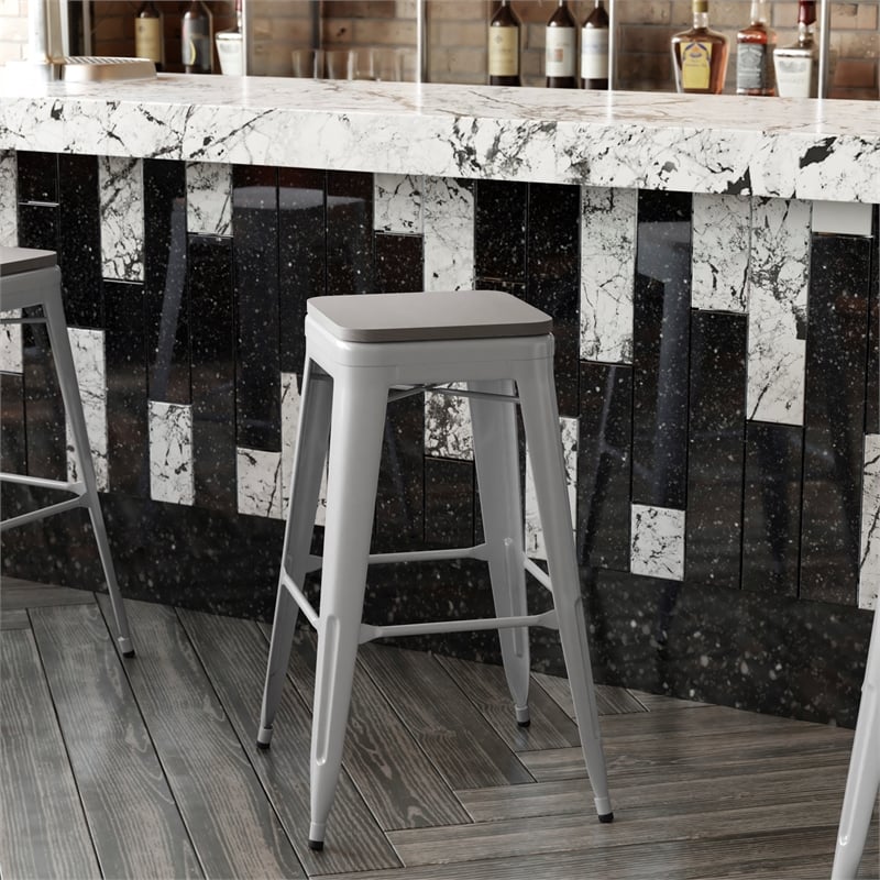 Pemberly Row Indoor/Outdoor Backless Bar Stool with Poly Seat in Silver/Gray