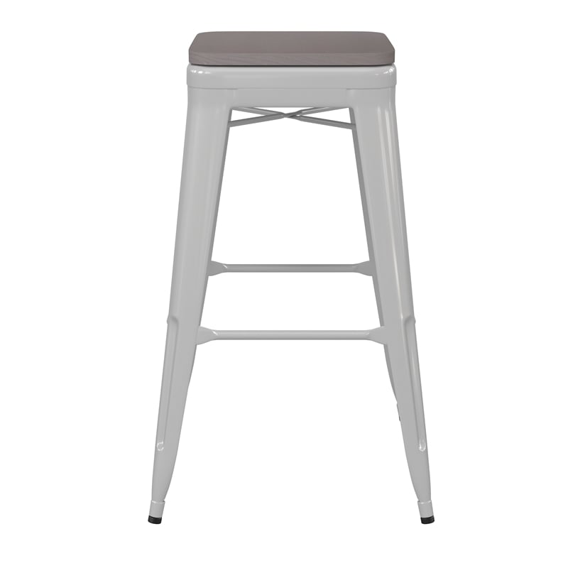 Pemberly Row Indoor/Outdoor Backless Bar Stool with Poly Seat in White/Gray