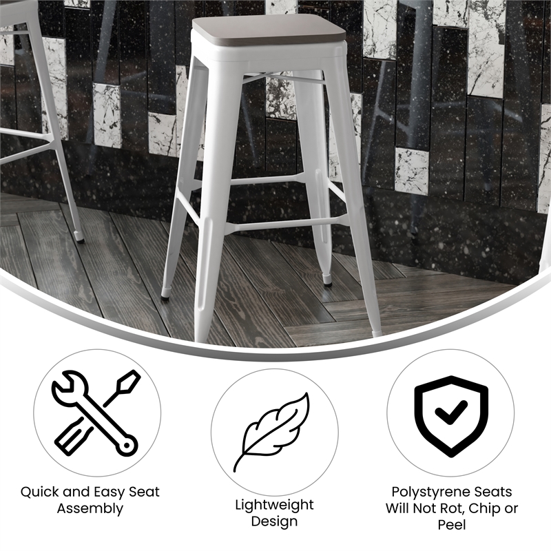 Pemberly Row Indoor/Outdoor Backless Bar Stool with Poly Seat in White/Gray