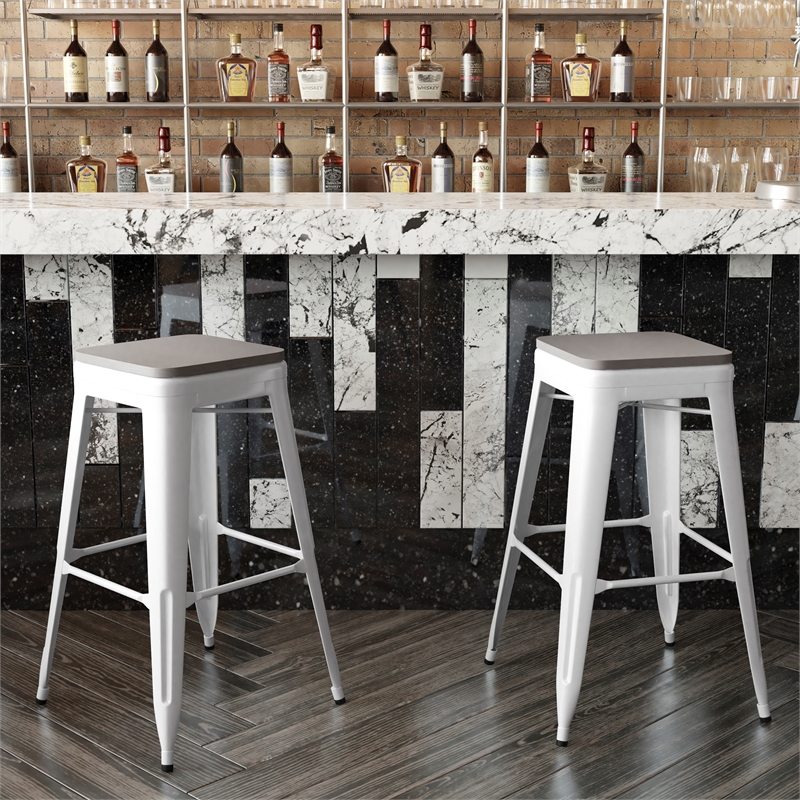 Pemberly Row Indoor/Outdoor Backless Bar Stool with Poly Seat in White/Gray