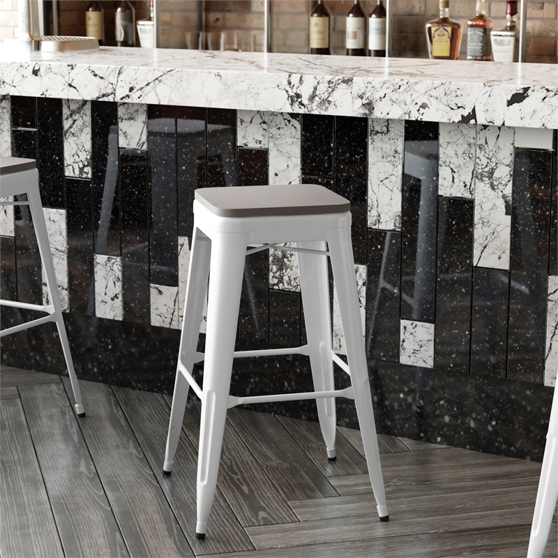 Pemberly Row Indoor/Outdoor Backless Bar Stool with Poly Seat in White/Gray