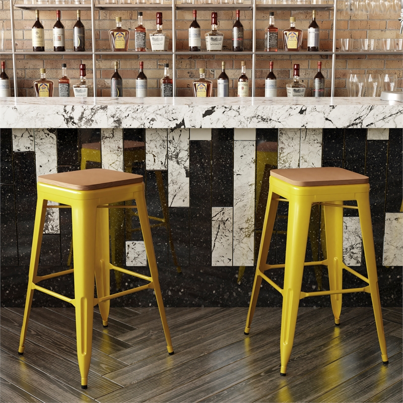 Pemberly Row Indoor/Outdoor Backless Bar Stool with Poly Seat in Yellow/Teak