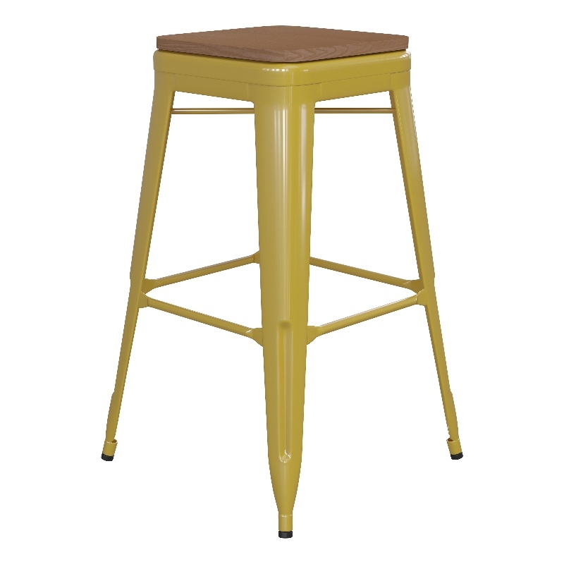 Pemberly Row Indoor/Outdoor Backless Bar Stool with Poly Seat in Yellow/Teak