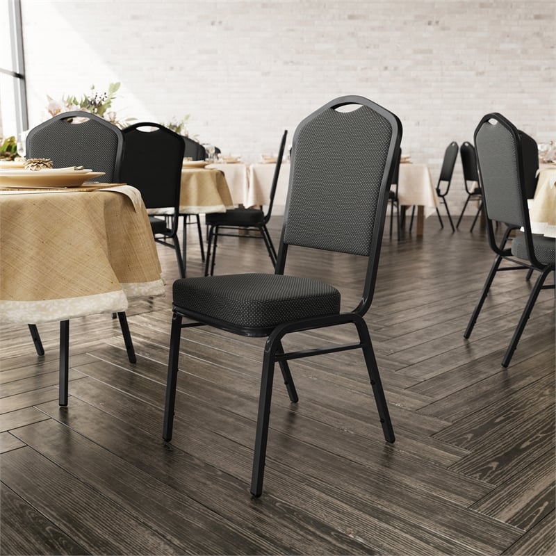 Pemberly Row Crown Back Banquet Stack Chair in Black Dot Patterned/Black Frame