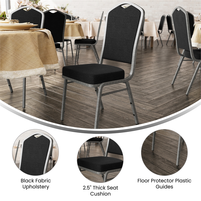 Pemberly Row Crown Back Stacking Banquet Chair in Black/Silver Vein Frame