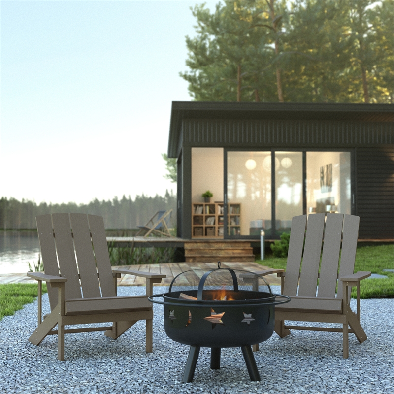 Pemberly Row Star & Moon Fire Pit with Cover & 2 Light Gray Adirondack Chairs