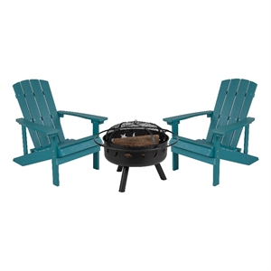 Pemberly Row Star and Moon Fire Pit with Cover and 2 Sea Foam Adirondack Chairs