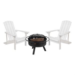 Pemberly Row Star and Moon Fire Pit with Cover and 2 White Adirondack Chairs