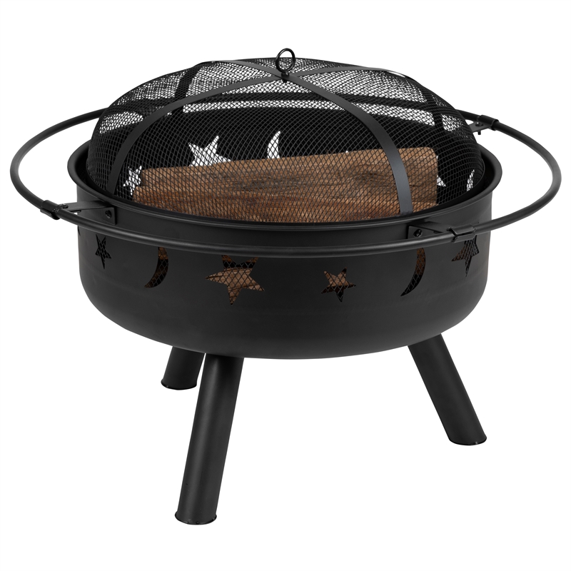 Pemberly Row Star and Moon Fire Pit with Cover and 2 Yellow Adirondack Chairs