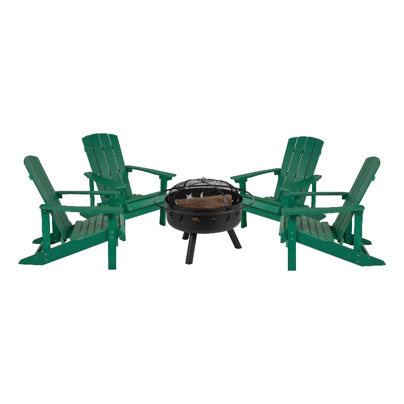 Pemberly Row Star and Moon Fire Pit with Cover and 4 Green Adirondack Chairs