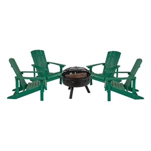 Pemberly Row Star and Moon Fire Pit with Cover and 4 Green Adirondack Chairs