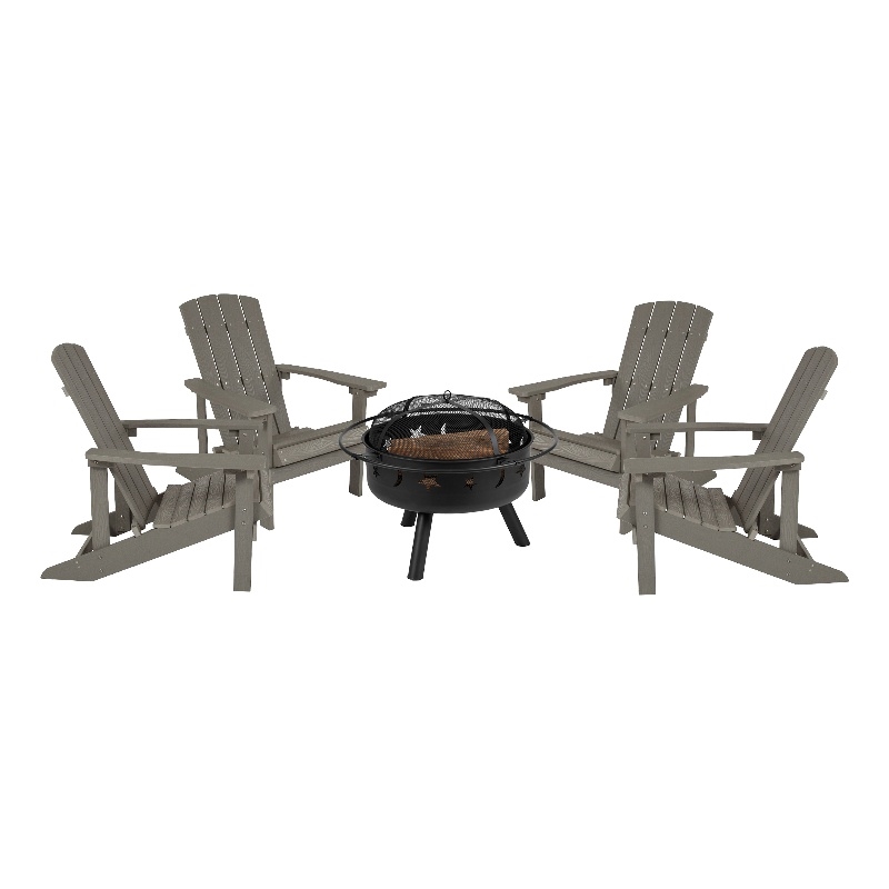 Pemberly Row Star & Moon Fire Pit with Cover & 4 Light Gray Adirondack Chairs