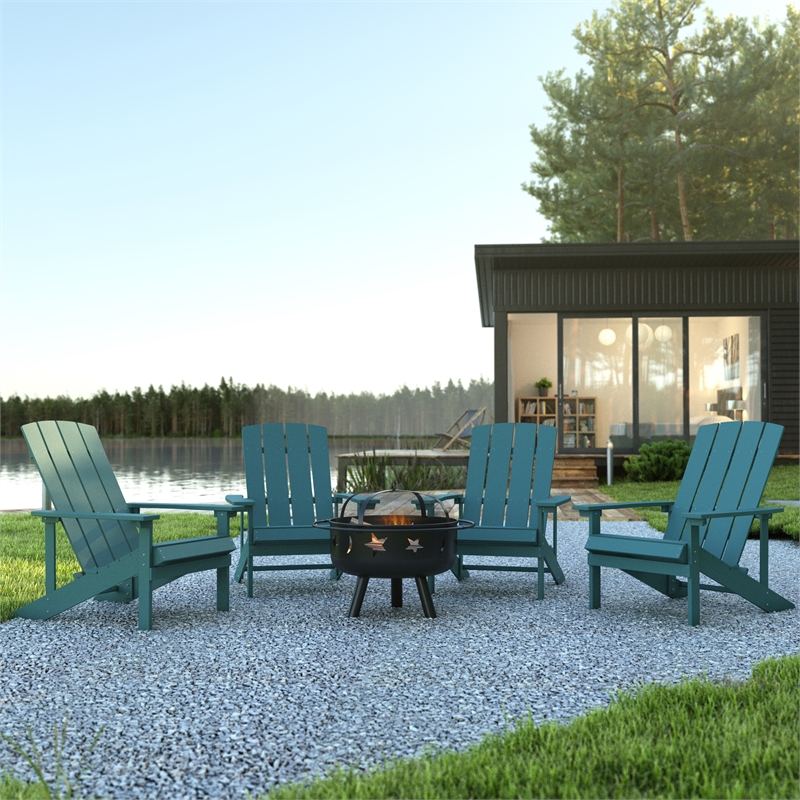 Pemberly Row Star and Moon Fire Pit with Cover and 4 Sea Foam Adirondack Chairs