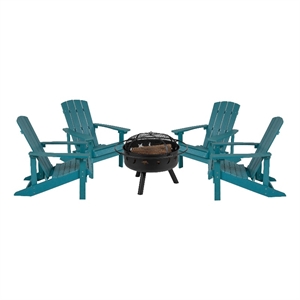 Pemberly Row Star and Moon Fire Pit with Cover and 4 Sea Foam Adirondack Chairs
