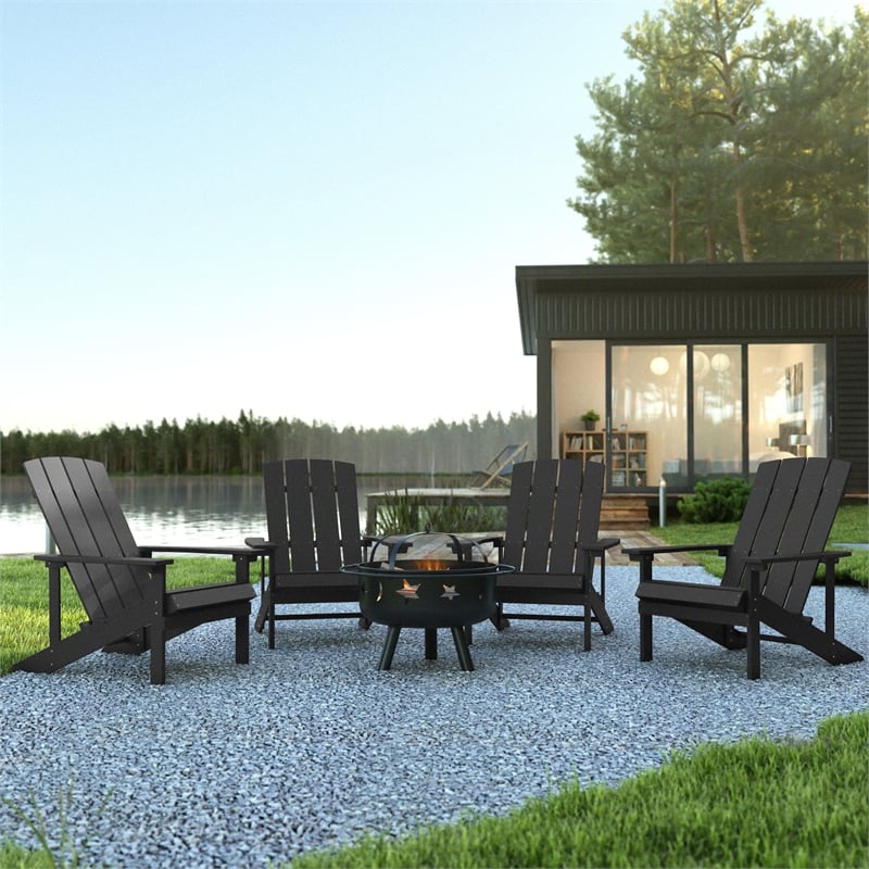Pemberly Row Star & Moon Fire Pit with Cover & 4 Slate Gray Adirondack Chairs