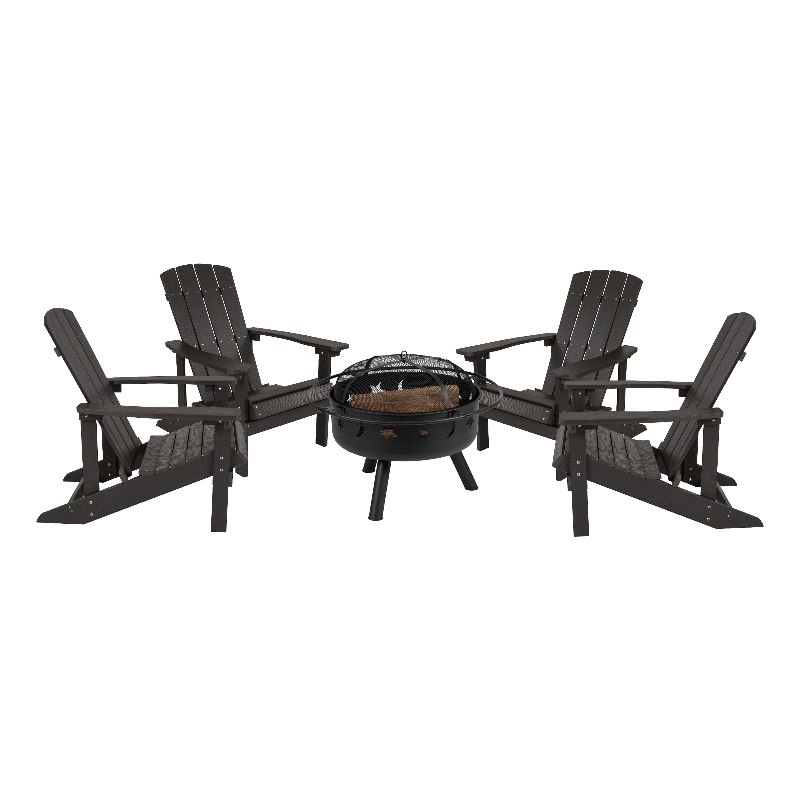 Pemberly Row Star & Moon Fire Pit with Cover & 4 Slate Gray Adirondack Chairs