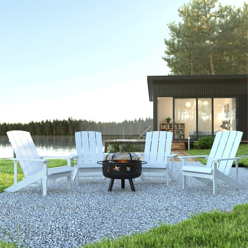 Pemberly Row Star and Moon Fire Pit with Cover and 4 White Adirondack Chairs