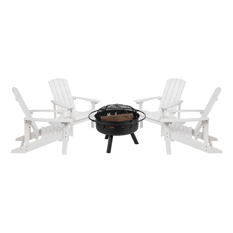 Pemberly Row Star and Moon Fire Pit with Cover and 4 White Adirondack Chairs