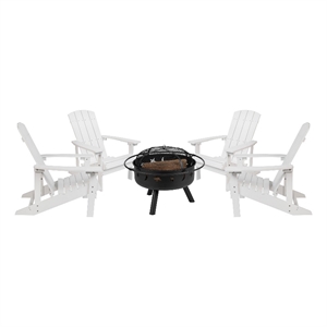 Pemberly Row Star and Moon Fire Pit with Cover and 4 White Adirondack Chairs
