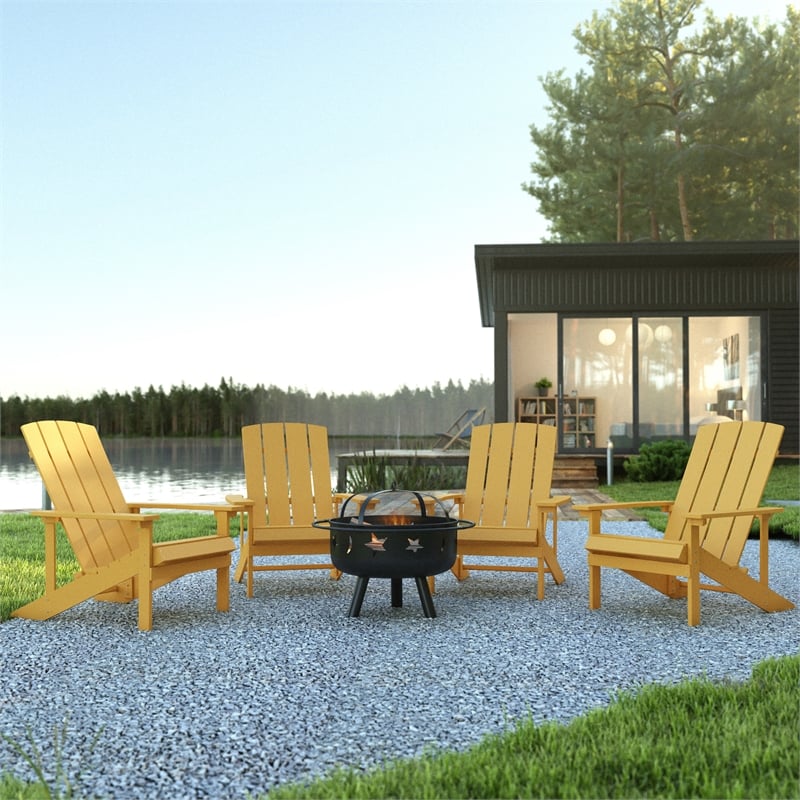Pemberly Row Star and Moon Fire Pit with Cover and 4 Yellow Adirondack Chairs