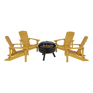 Pemberly Row Star and Moon Fire Pit with Cover and 4 Yellow Adirondack Chairs