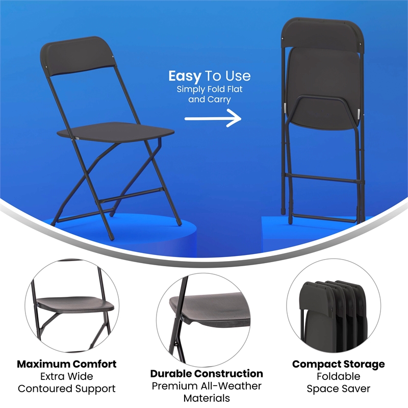 Pemberly Row Wide and Tall Black Plastic Folding Chairs 4 Pack