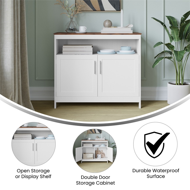 Pemberly Row Classic Sideboard and Buffet Cabinet with Storage in White/Walnut