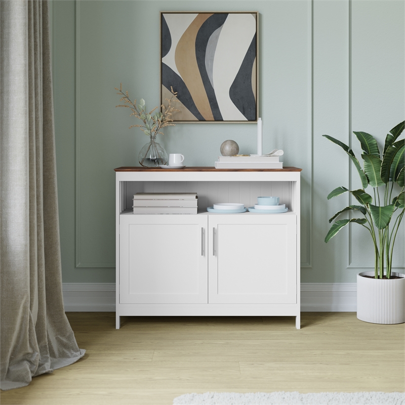 Pemberly Row Classic Sideboard and Buffet Cabinet with Storage in White/Walnut