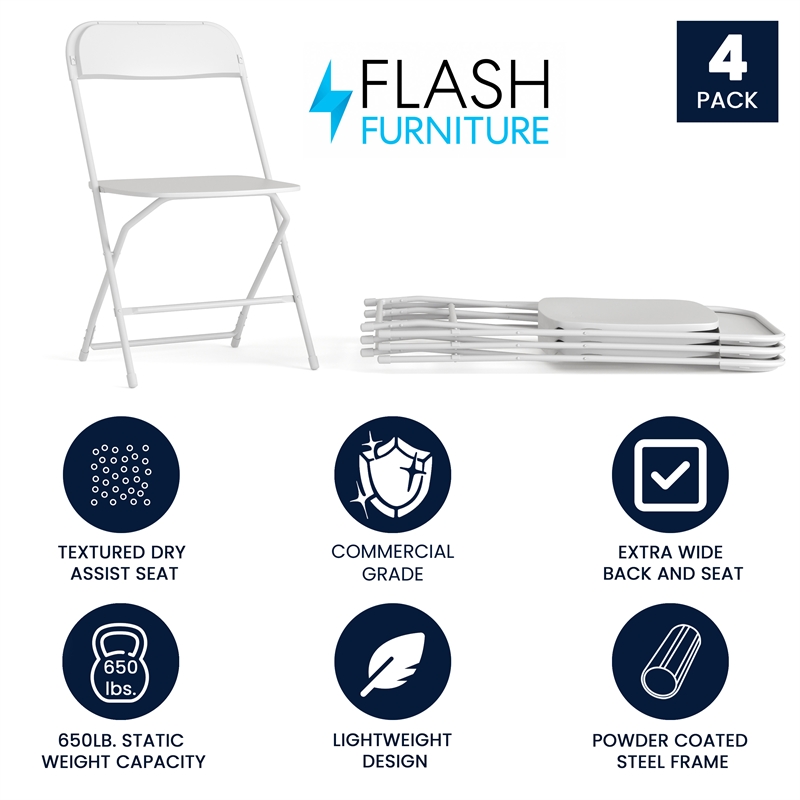 Pemberly Row Wide and Tall White Plastic Folding Chairs 4 Pack