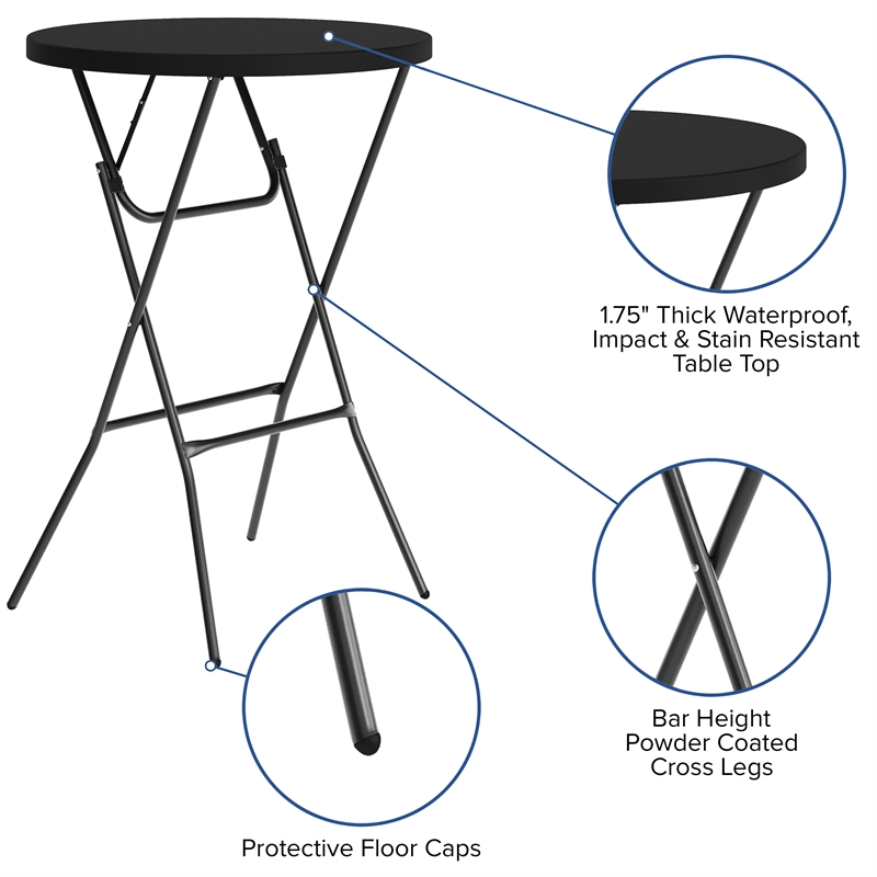 Pemberly Row 2.6 Foot Round Plastic Bar Height Folding Event Table in Black