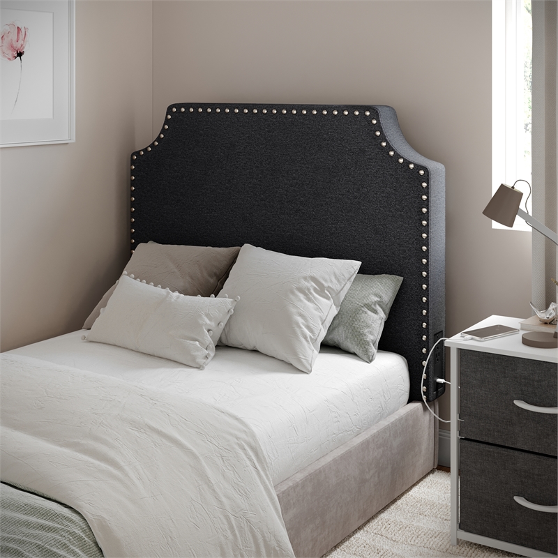Pemberly Row Contoured Twin Headboard with 2 Power Outlets and USB Ports in Gray