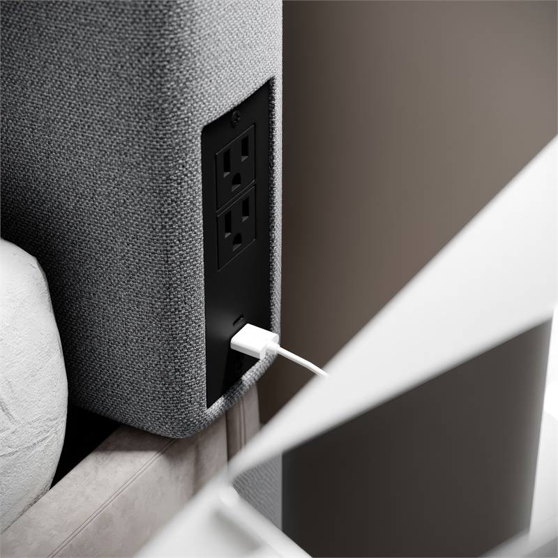 Pemberly Row Upholstered Twin Headboard with 2 Power Outlets & USB Ports in Gray