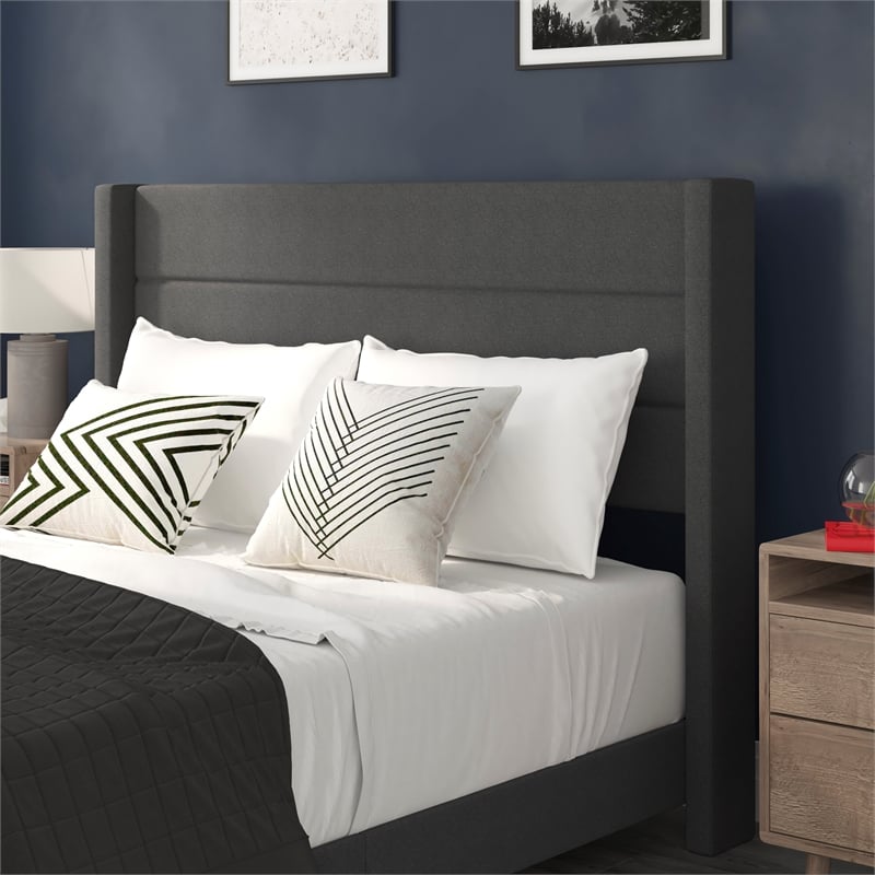 Pemberly Row Queen Upholstered Platform Bed with Wingback Headboard in Charcoal
