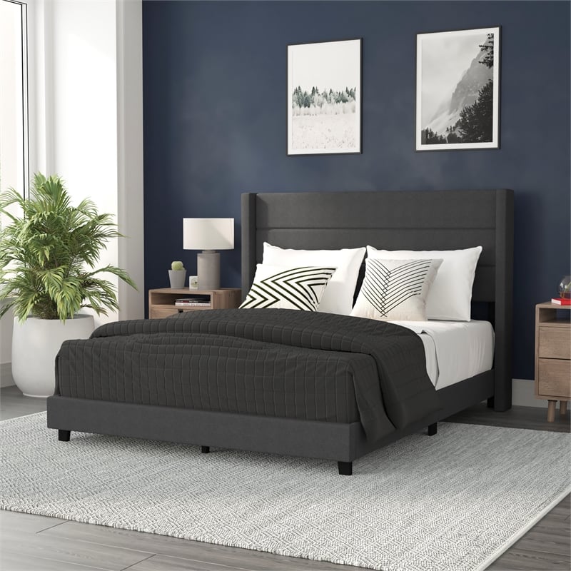 Pemberly Row Queen Upholstered Platform Bed with Wingback Headboard in Charcoal