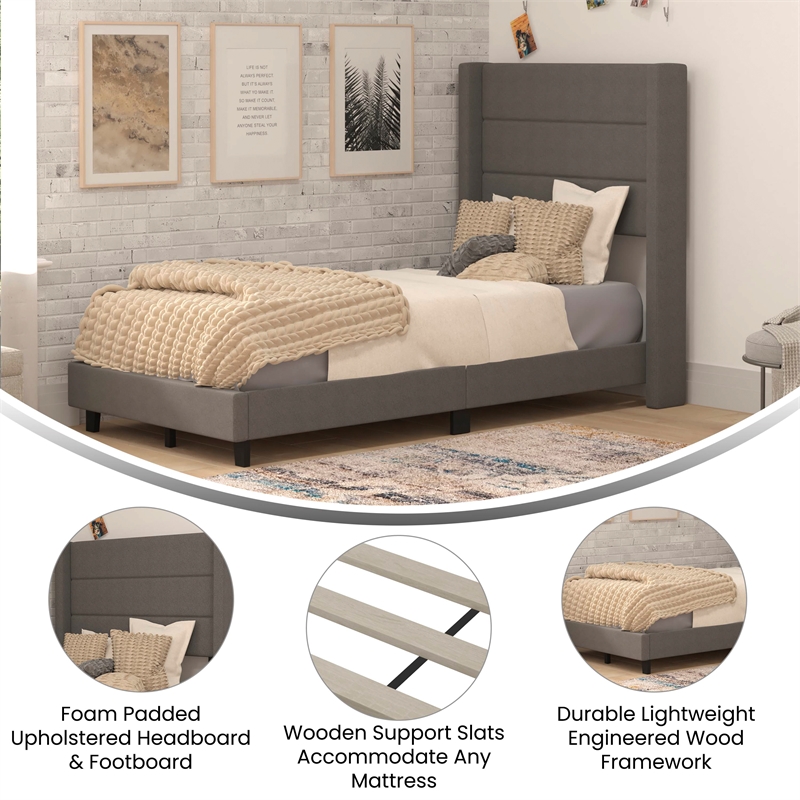 Pemberly Row Twin Upholstered Platform Bed with Wingback Headboard in Charcoal