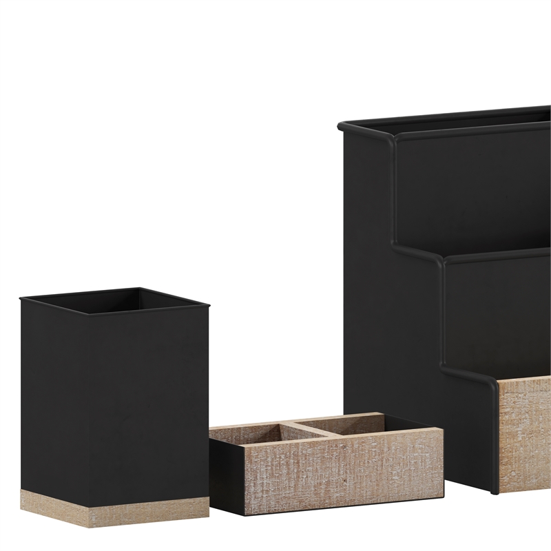 Pemberly Row Metal & Rustic Wood 3 Pc Desktop or Vanity Organizer Set in Black