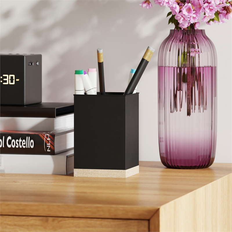 Pemberly Row Metal & Rustic Wood 3 Pc Desktop or Vanity Organizer Set in Black