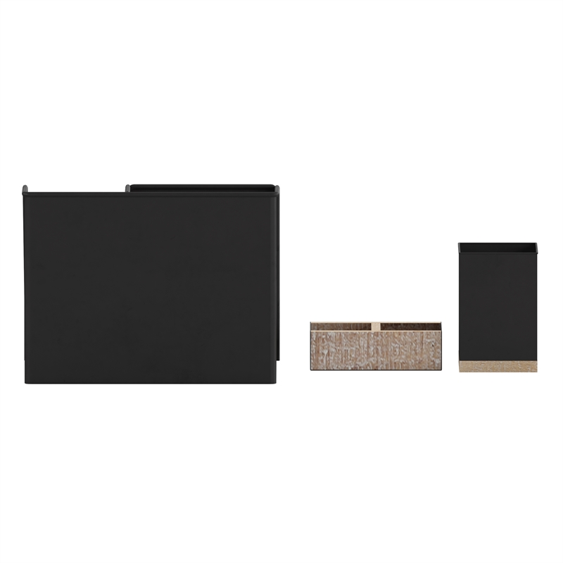 Pemberly Row Metal & Rustic Wood 3 Pc Desktop or Vanity Organizer Set in Black