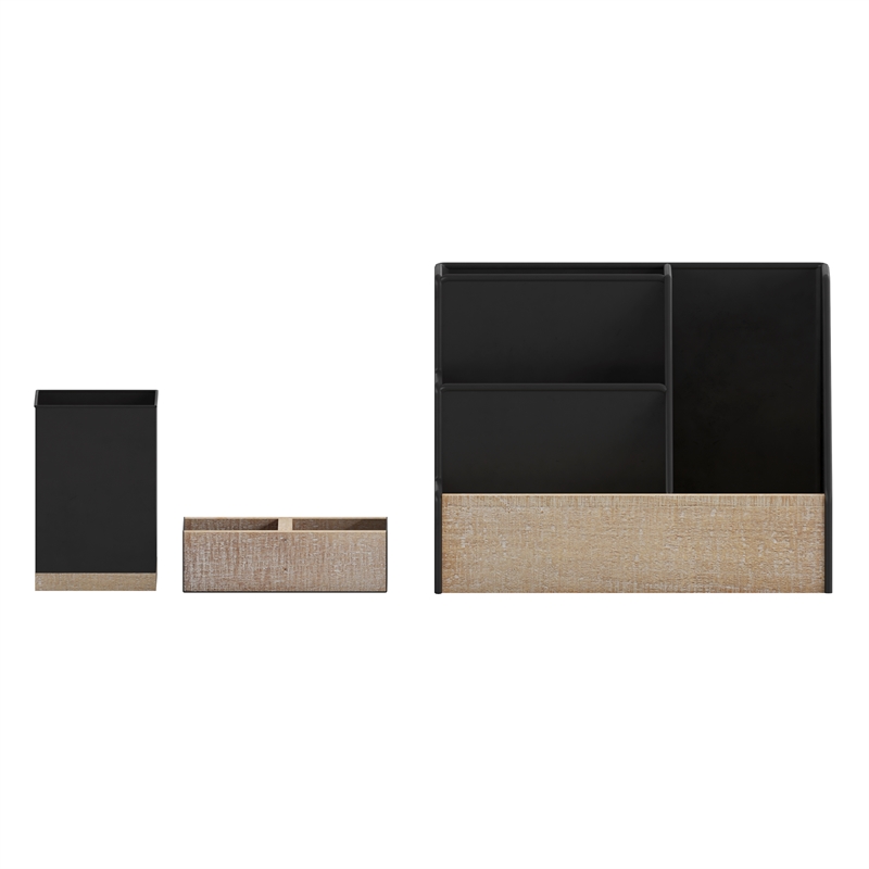 Pemberly Row Metal & Rustic Wood 3 Pc Desktop or Vanity Organizer Set in Black