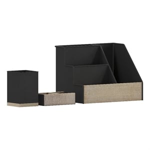 Pemberly Row Metal & Rustic Wood 3 Pc Desktop or Vanity Organizer Set in Black