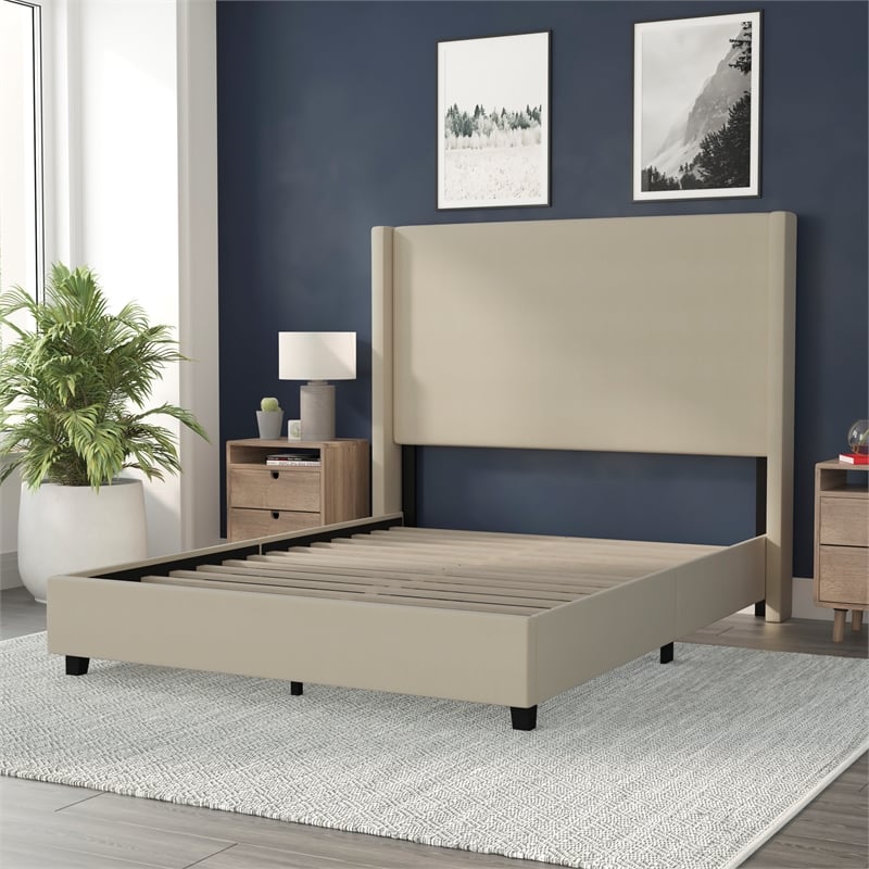 Pemberly Row Queen Upholstered Platform Bed with Channel Stitched Headboard