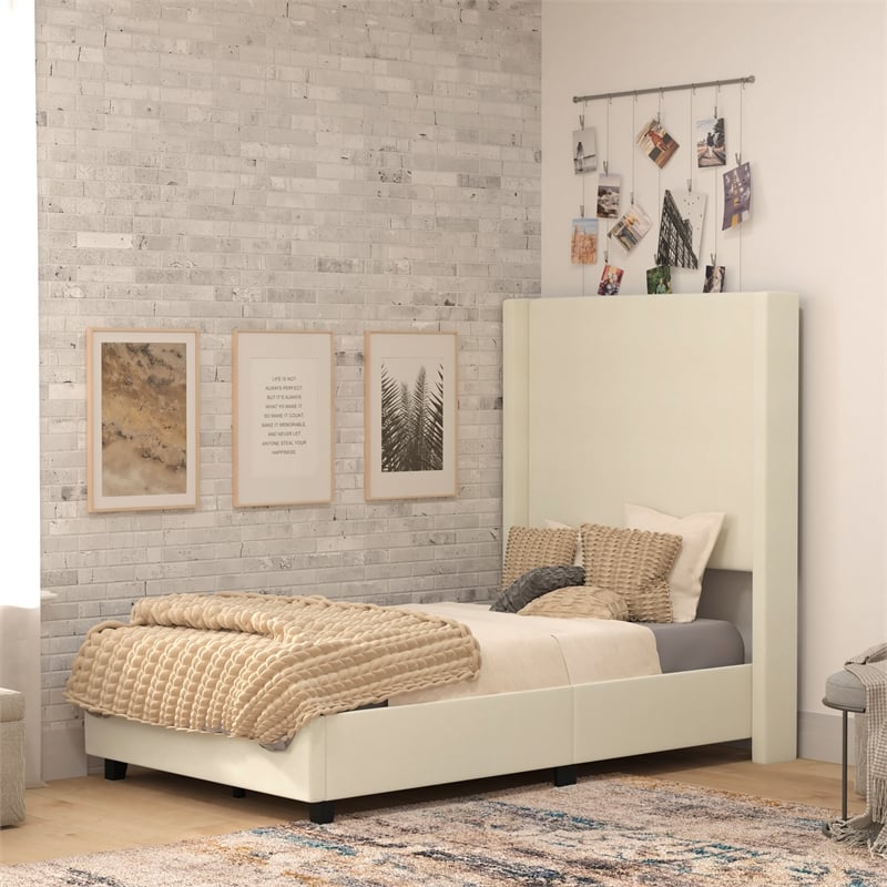 Pemberly Row Twin Upholstered Platform Bed with Channel Stitched Headboard