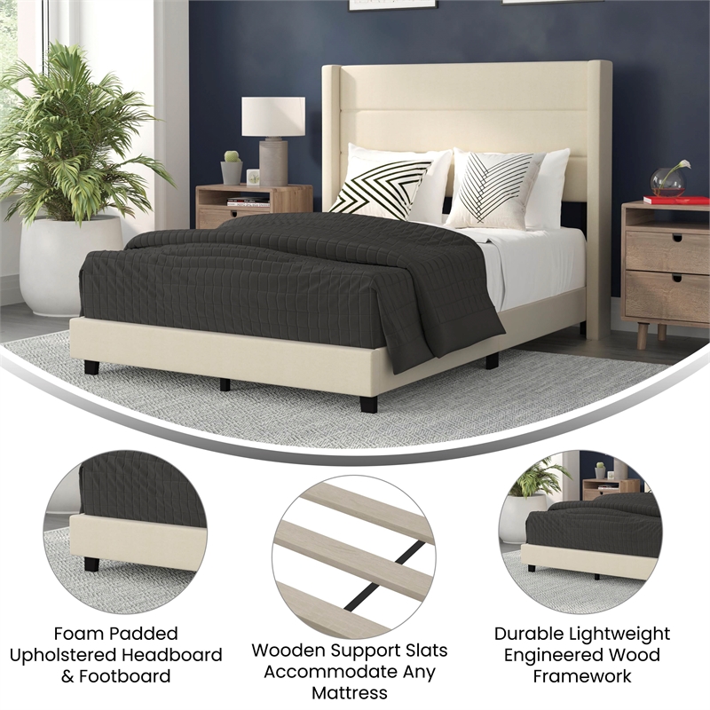 Pemberly Row Full Upholstered Platform Bed with Wingback Headboard in Beige