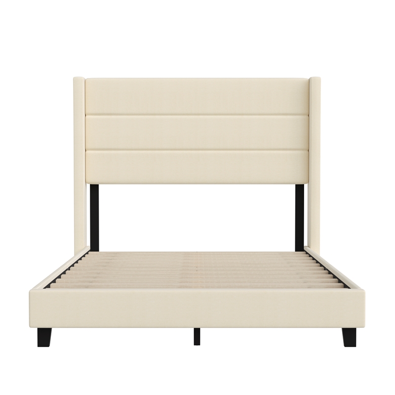 Pemberly Row Full Upholstered Platform Bed with Wingback Headboard in Beige