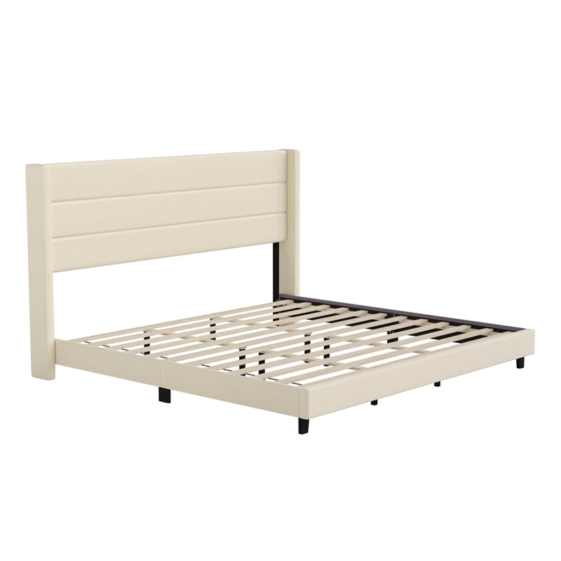 Pemberly Row King Upholstered Platform Bed with Wingback Headboard in Beige