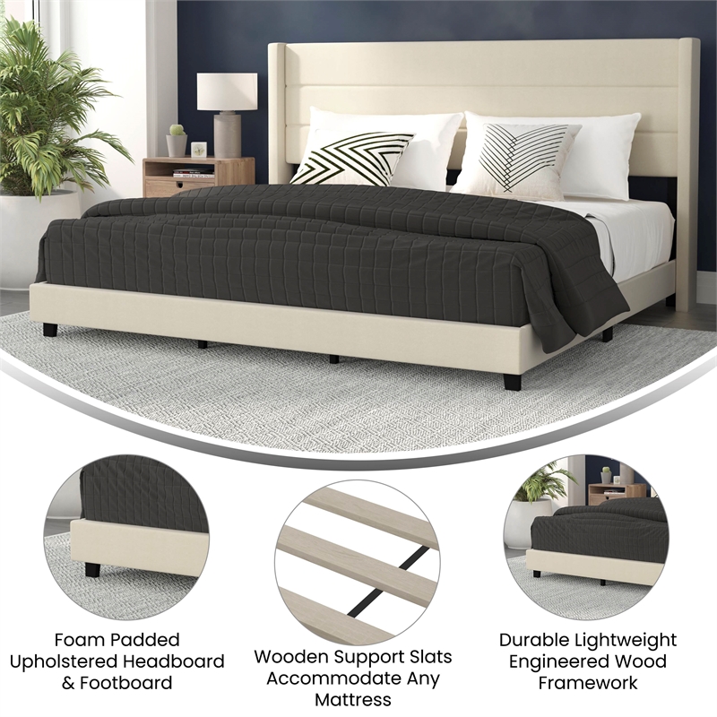 Pemberly Row King Upholstered Platform Bed with Wingback Headboard in Beige