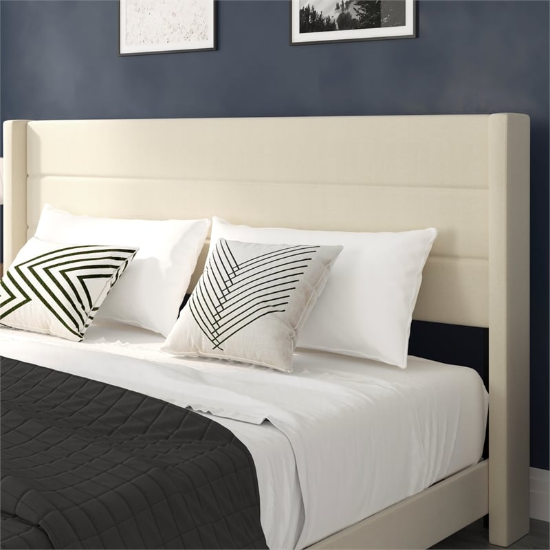 Pemberly Row King Upholstered Platform Bed with Wingback Headboard in Beige