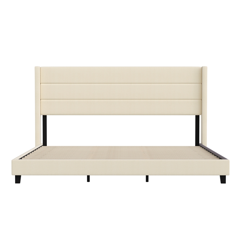 Pemberly Row King Upholstered Platform Bed with Wingback Headboard in Beige