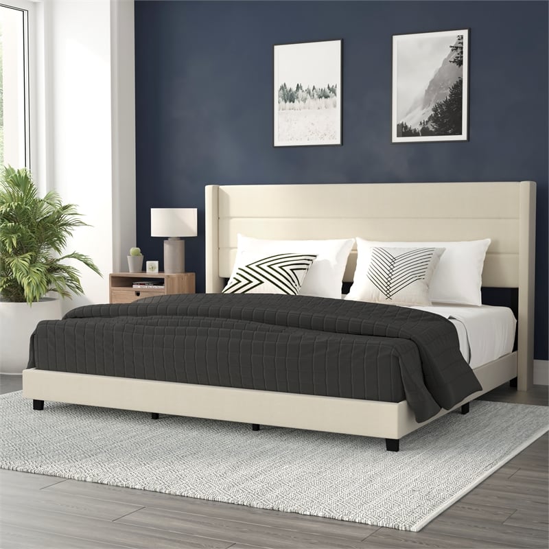 Pemberly Row King Upholstered Platform Bed with Wingback Headboard in Beige