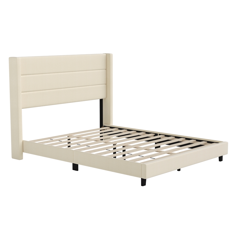 Pemberly Row Queen Upholstered Platform Bed with Wingback Headboard in Beige